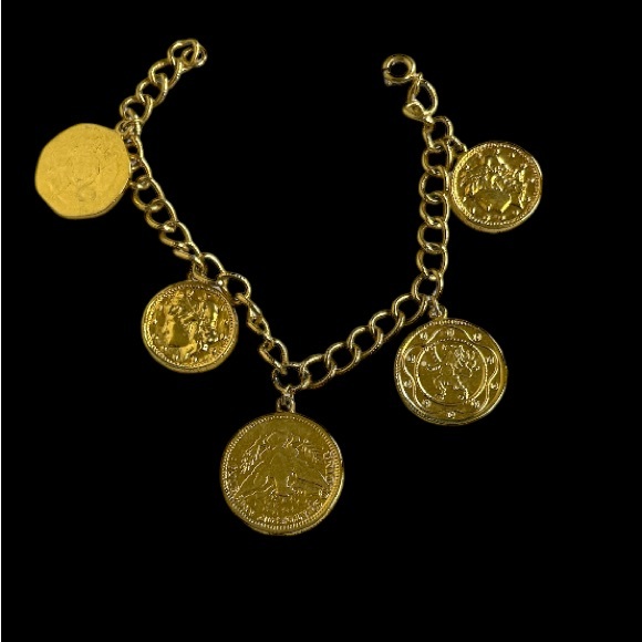 Gold Tone Coin Charm Bracelet Chunky Napoleon Queen Elizabeth United States 7.5" - Picture 5 of 16